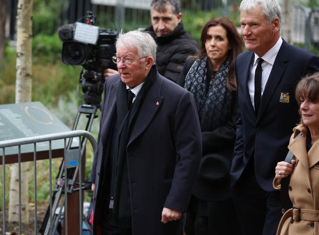 <p>Sir Alex Ferguson arrives with former United CEO David Gill, right</p>