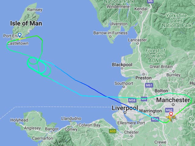 <p>Round trip: flight path of easyJet EZY715 from Manchester, which returned after failing to land at the Isle of Man</p>