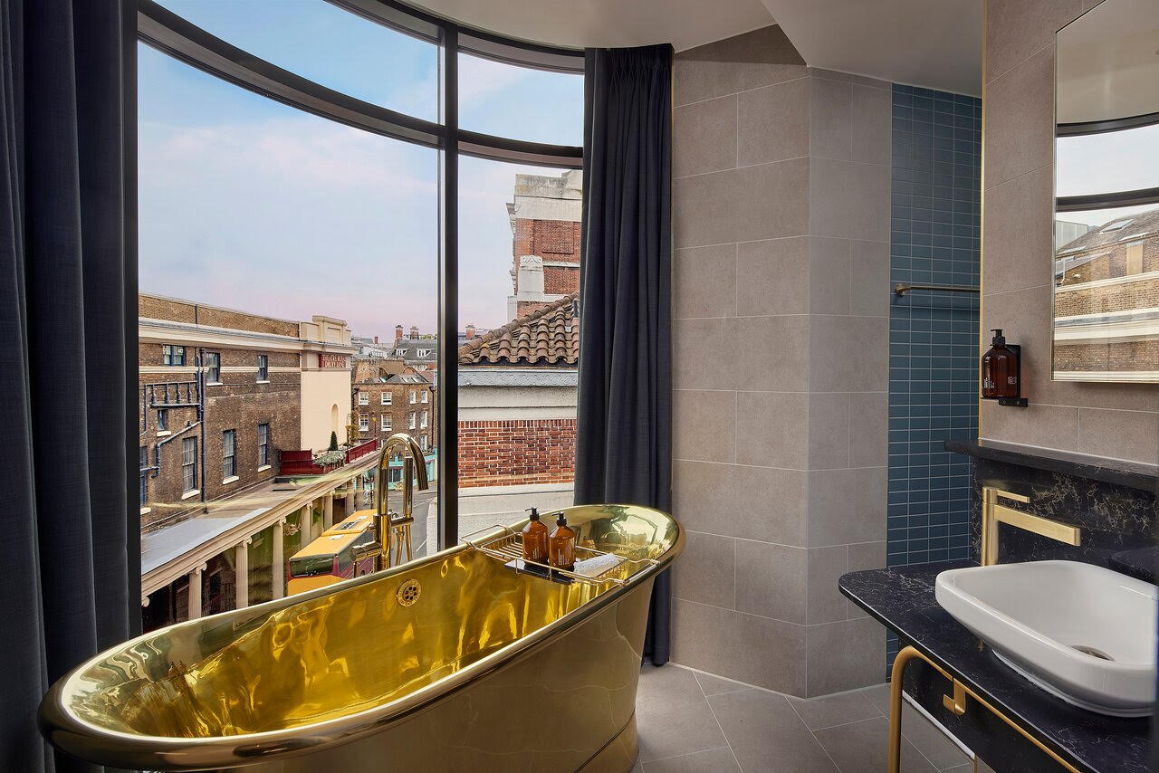 The “Goldy” bathroom at Hotel Amano Covent Garden: make sure you don’t accidentally flash passersby in the West End