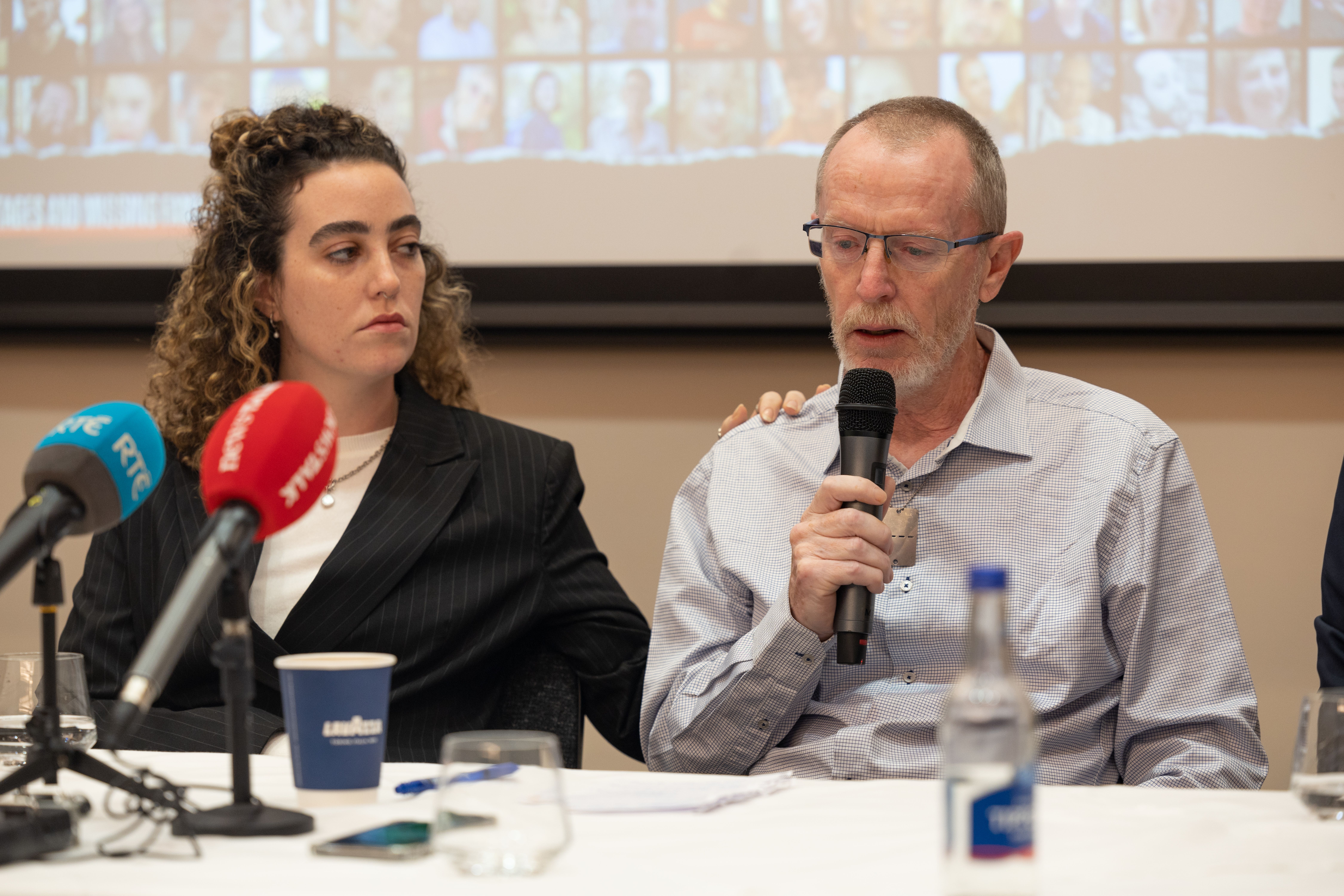 Thomas Hand and Natali Hand during a press conference for families of hostages feared taken in Gaza at the Embassy of Israel in Dublin (PA)