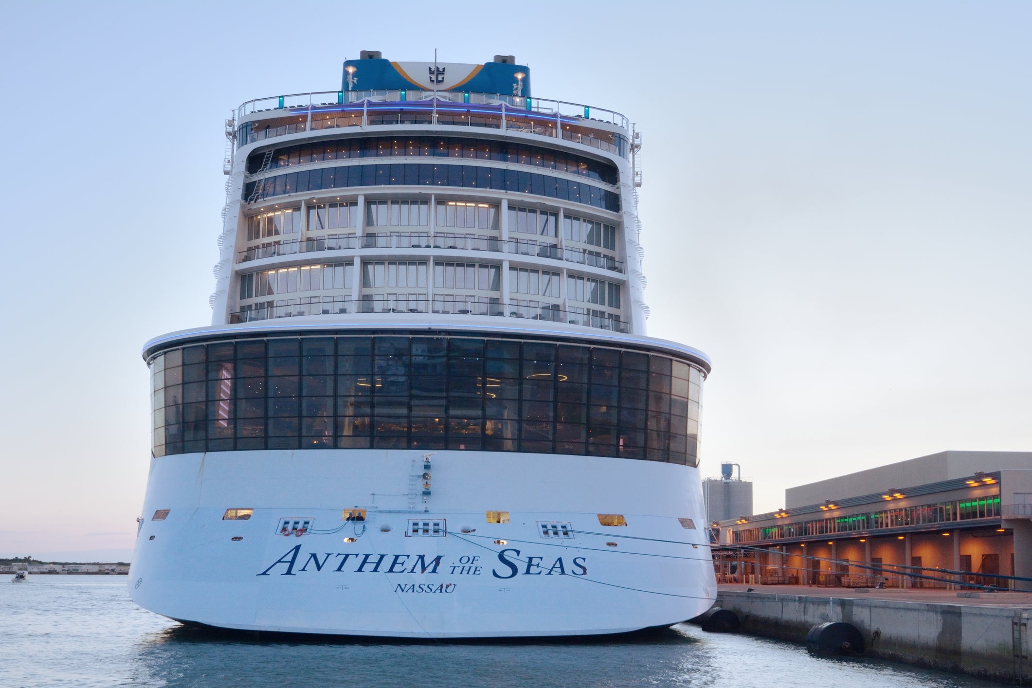 The Royal Caribbean cruise ship Anthem of the Sea tied to the dock at Terminal 10 in Port Canaveral, Florida