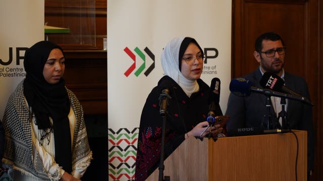 <p>British Palestinians who have had family killed by Israeli airstrikes held a press conference in London today </p>