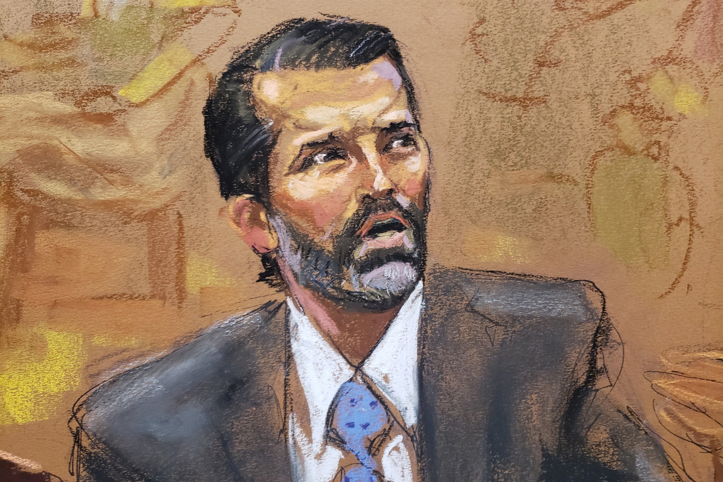 A courtroom sketch depicts Donald Trump Jr testifying in his second appearance at the fraud trial