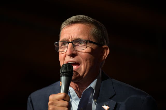<p>Michael Flynn, former U.S. National Security advisor to former President Trump, speaks at a campaign event for U.S. Senate candidate Josh Mandel on April 21, 2022 at Mapleside Farms in Brunswick, Ohio</p>