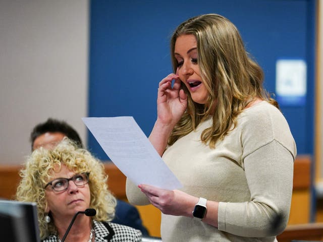 <p>Jenna Ellis reads a repentant statement after pleading guilty on 24 October, 2023</p>