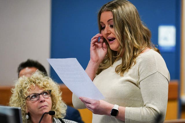 <p>Jenna Ellis reads a repentant statement after pleading guilty on 24 October, 2023</p>