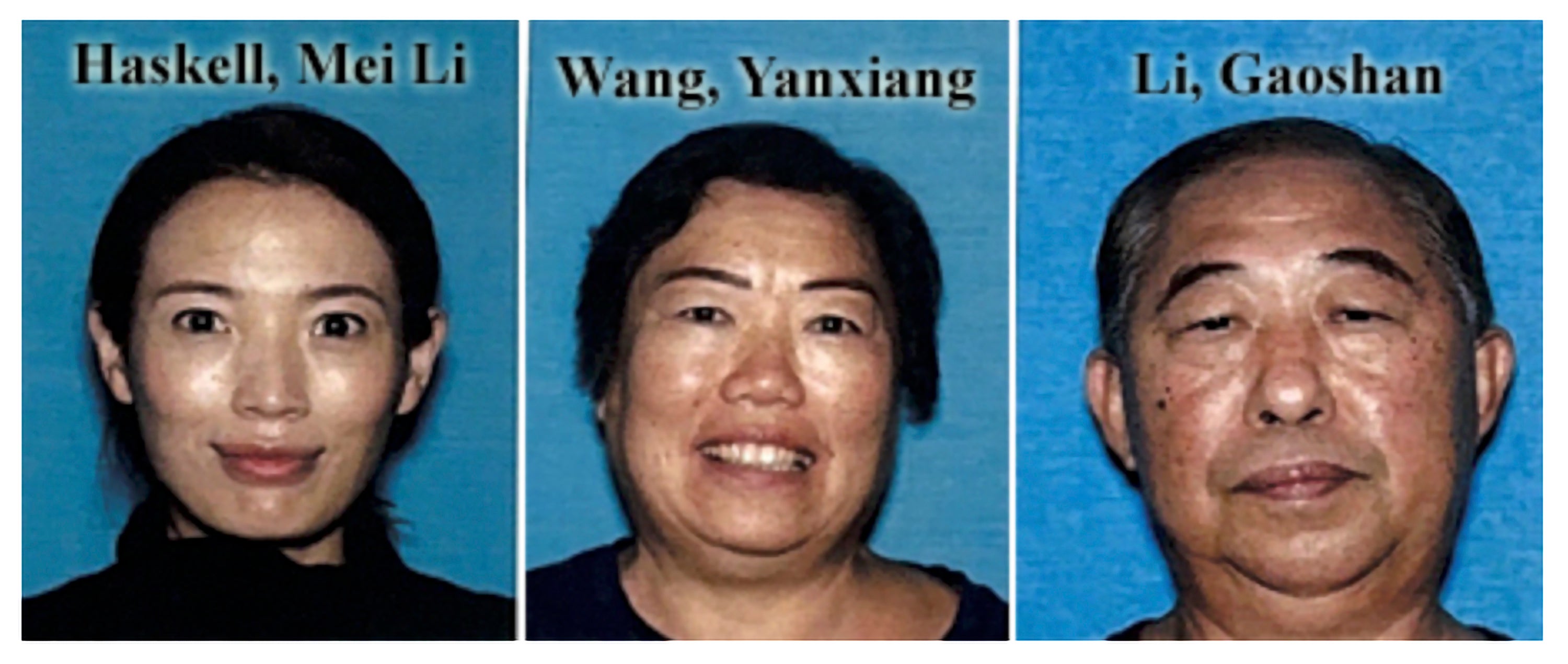 This undated photo combination provided by the Los Angeles Police Department shows Mei Haskell, left, and her parents, YanXiang Wang and Gaoshan Li