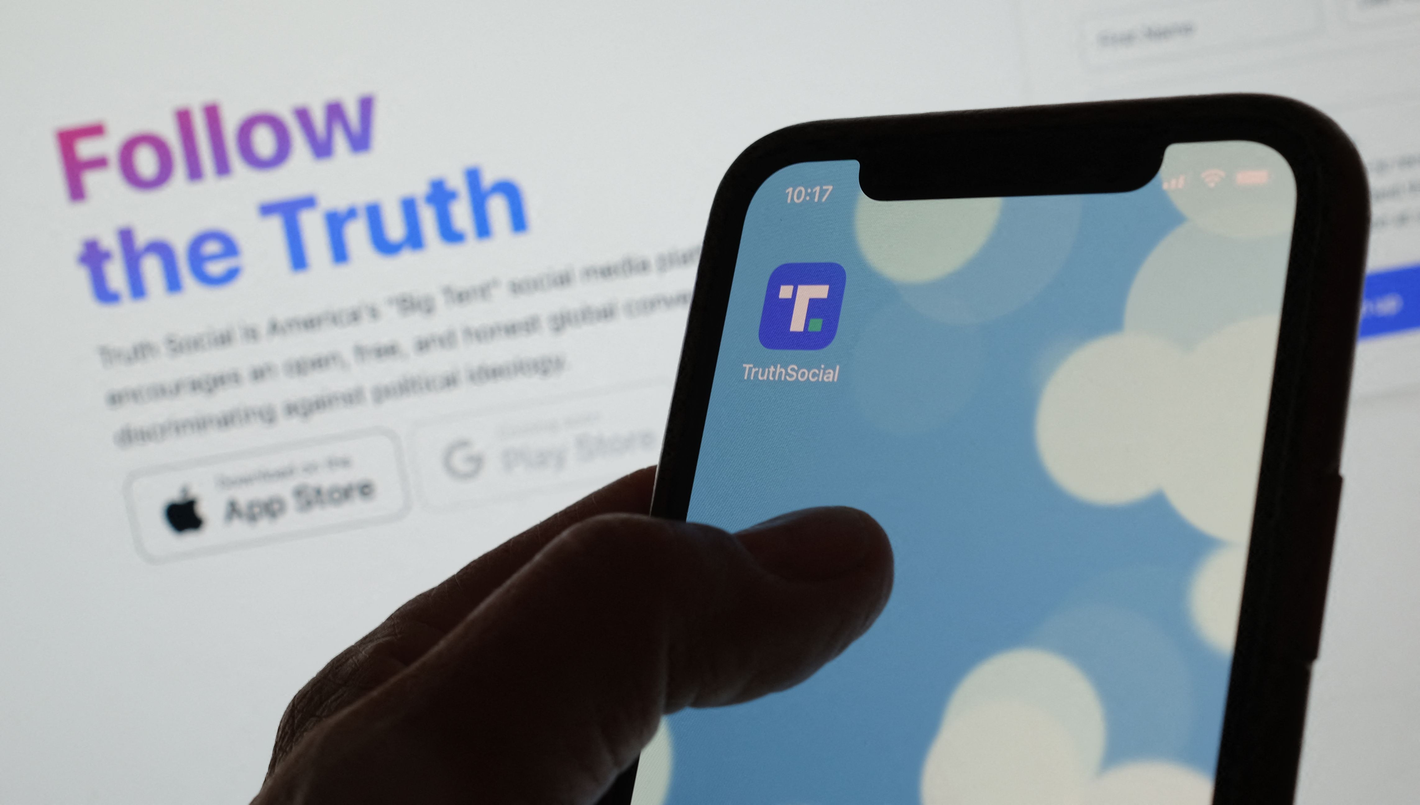 Donald Trump’s social media app Truth Social’s logo on a smartphone in February 2022