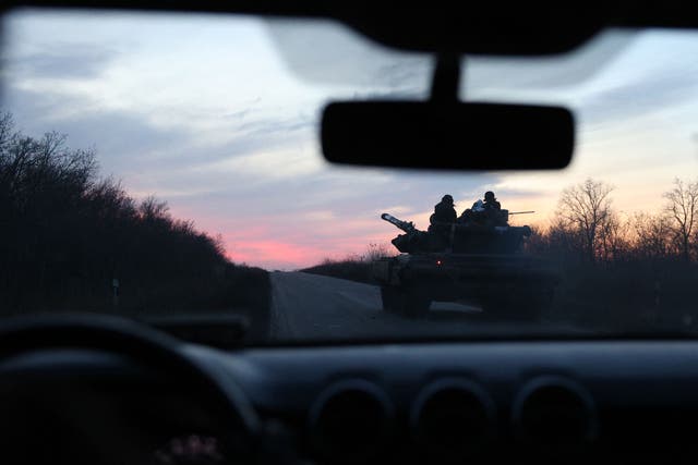 <p>Ukrainian tanks ride on a road outside Avdiivka, Donetsk region amid the Russian invasion</p>
