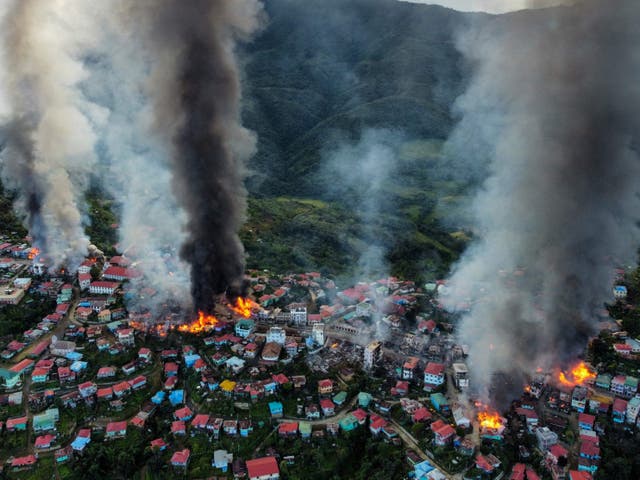 <p>File: Smoke and fires at Thantlang in Chin State, where more than 160 buildings have been destroyed by shelling from Junta military troops</p>