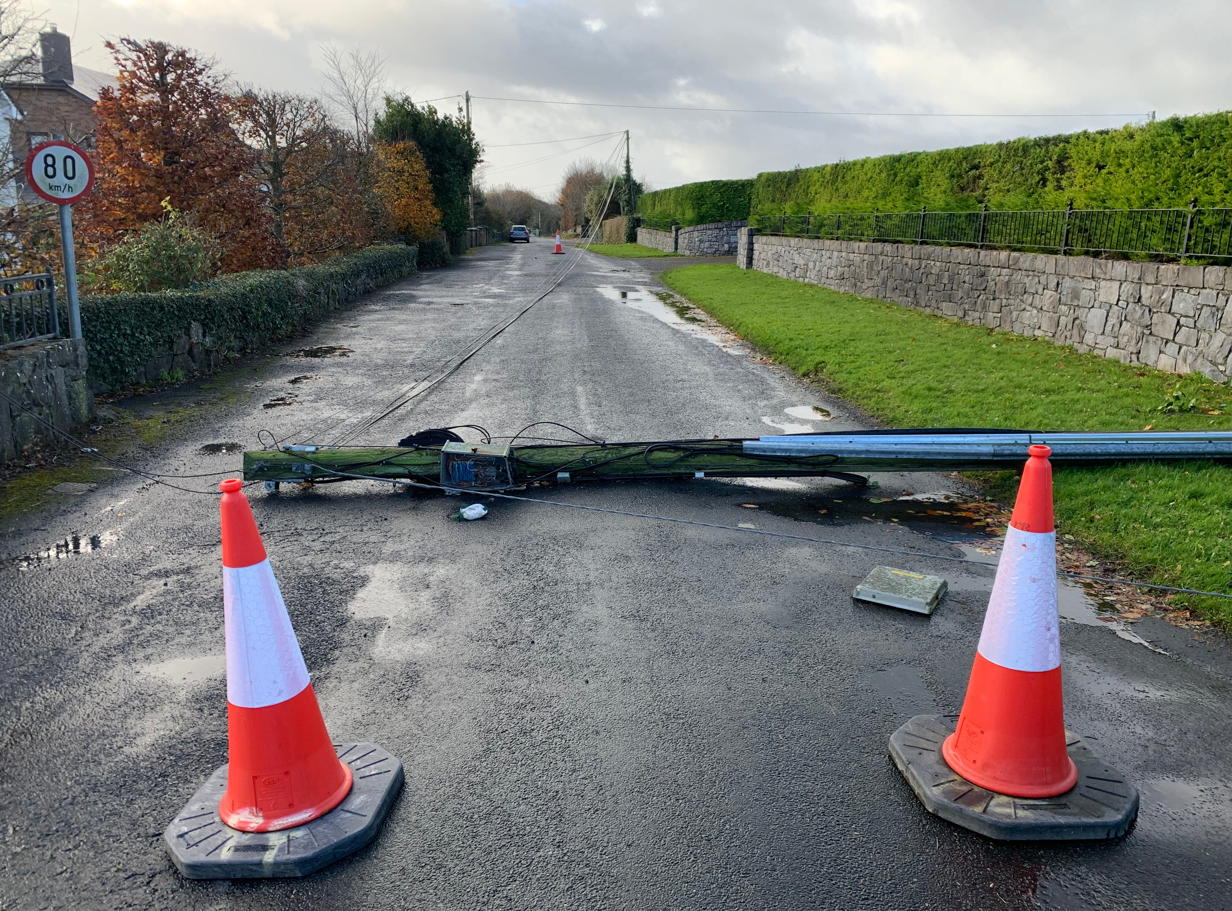 A Telegraph pole down on the Maree Rd, Oranmore, Co Galway after Storm Debi swept across the area