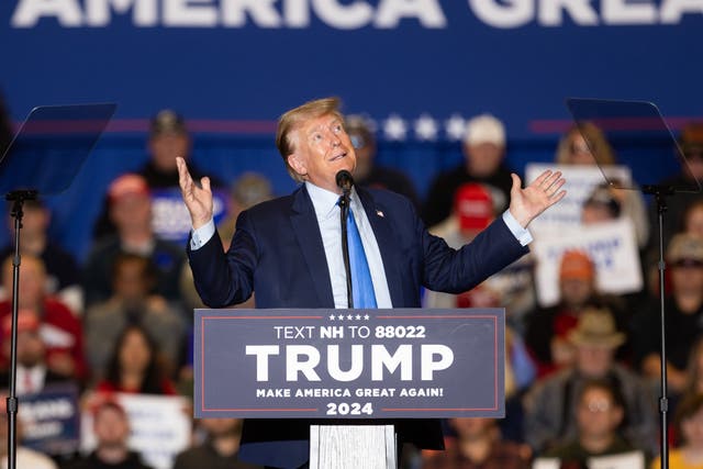 <p>Republican presidential candidate former President Donald Trump delivers remarks during a campaign event on November 11, 2023 in Claremont, New Hampshire</p>