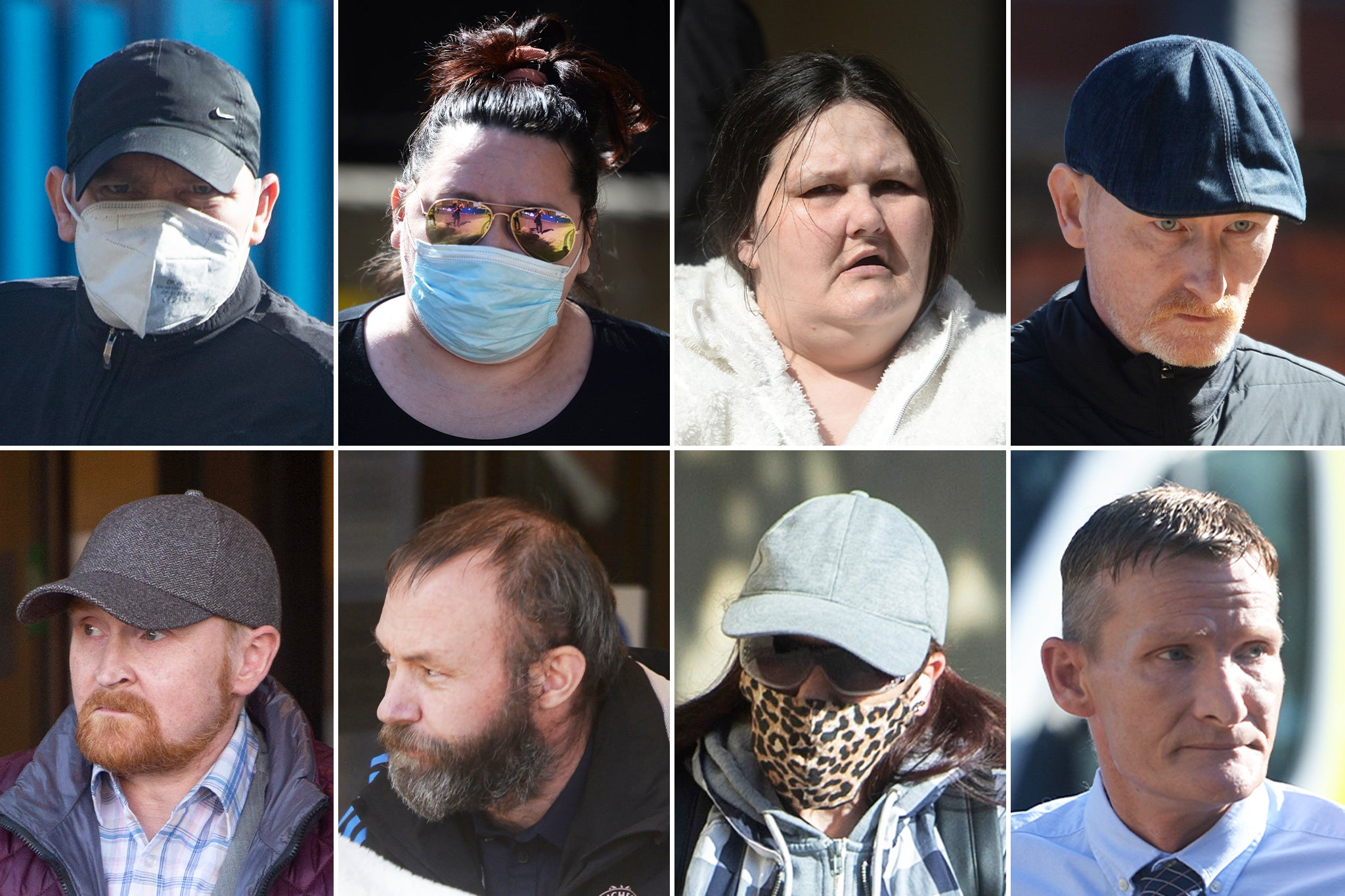 From left to right: Iain Owens, Elaine Lannery, Lesley Williams, Barry Watson, Scott Forbes, Paul Brannan, Marianne Gallagher and John Clark. Gallagher was convicted of assault but cleared of other charges