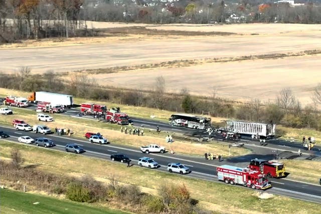 <p>Emergency responders are on the scene of a fatal accident on Interstate 70 West in Licking County, Ohio, Tuesday, Nov. 14, 2023. An emergency official says a charter bus carrying students from a high school was rear-ended by a semi-truck on the Ohio highway. (WSYX/WTTE via AP)</p>