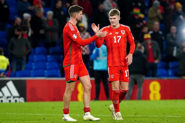Jordan James (right) celebrates after Wales’ 2-1 victory over Croatia in Euro 2024 qualifying (Nick Potts/PA)