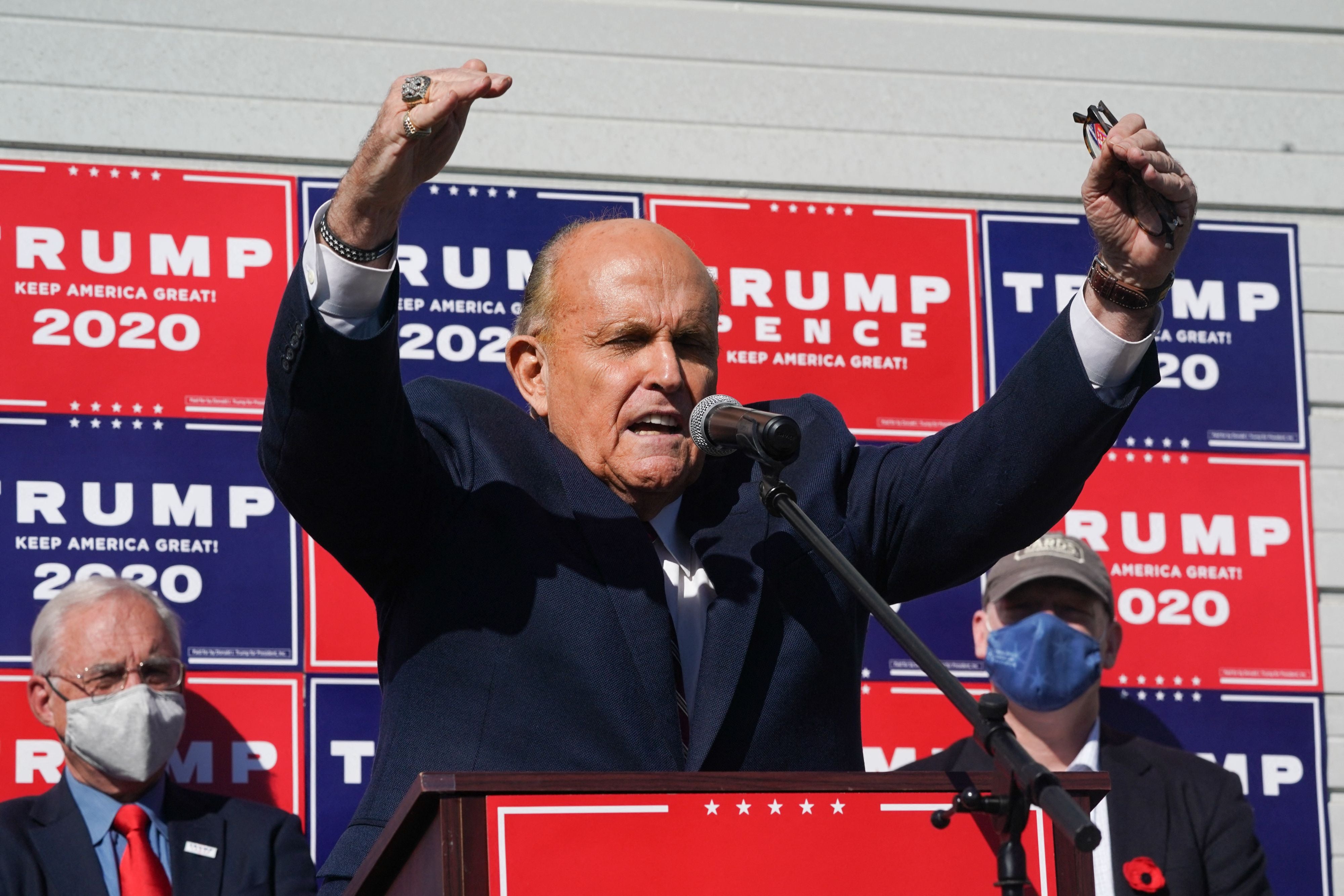 File - Rudy Giuliani, speaks at a news conference in the parking lot of a landscaping company on November 7, 2020 in Philadelphia