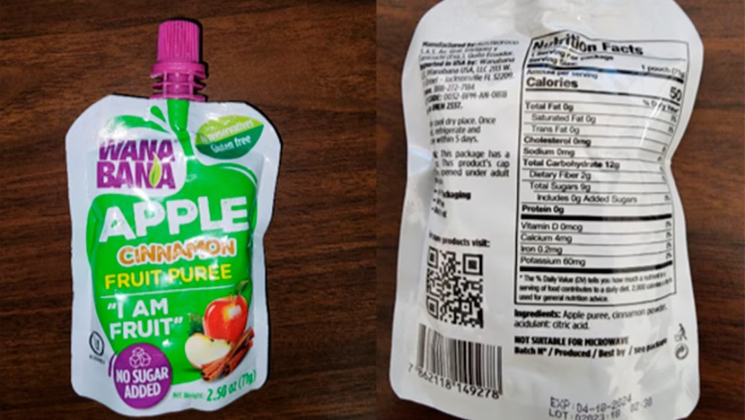 This photo provided by the US Food and Drug Administration shows a WanaBana apple cinnamon fruit puree pouch