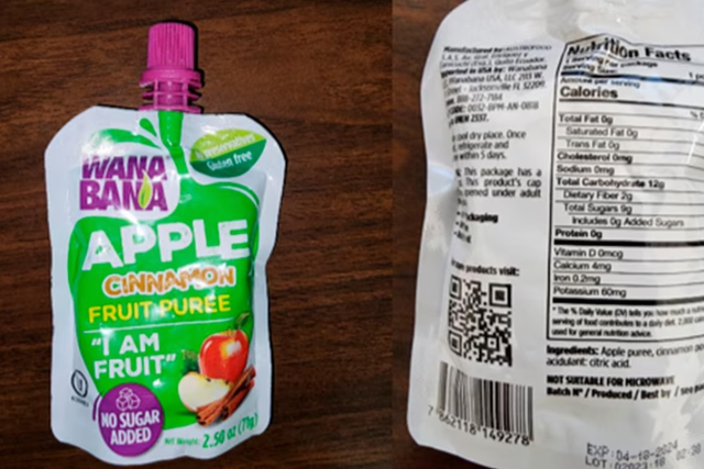 <p>This photo provided by the US Food and Drug Administration shows a WanaBana apple cinnamon fruit puree pouch</p>
