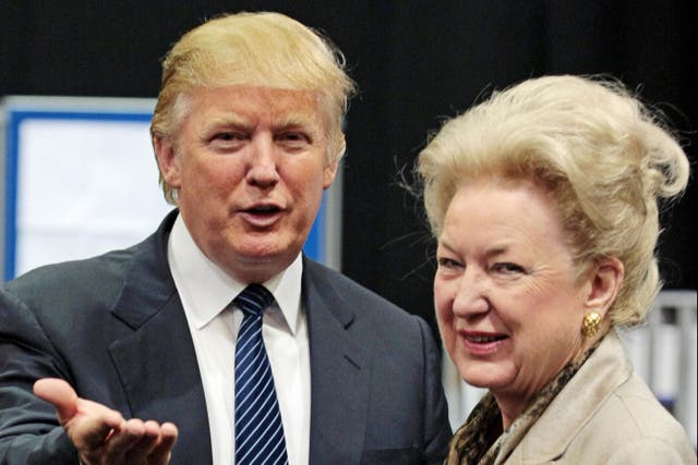 <p>Donald Trump (L) is pictured with his sister Maryanne Trump Barry as they adjourn for lunch during a public inquiry over his plans to build a golf resort near Aberdeen, at the Aberdeen Exhibition & Conference centre, Scotland, on June 10, 2008</p>