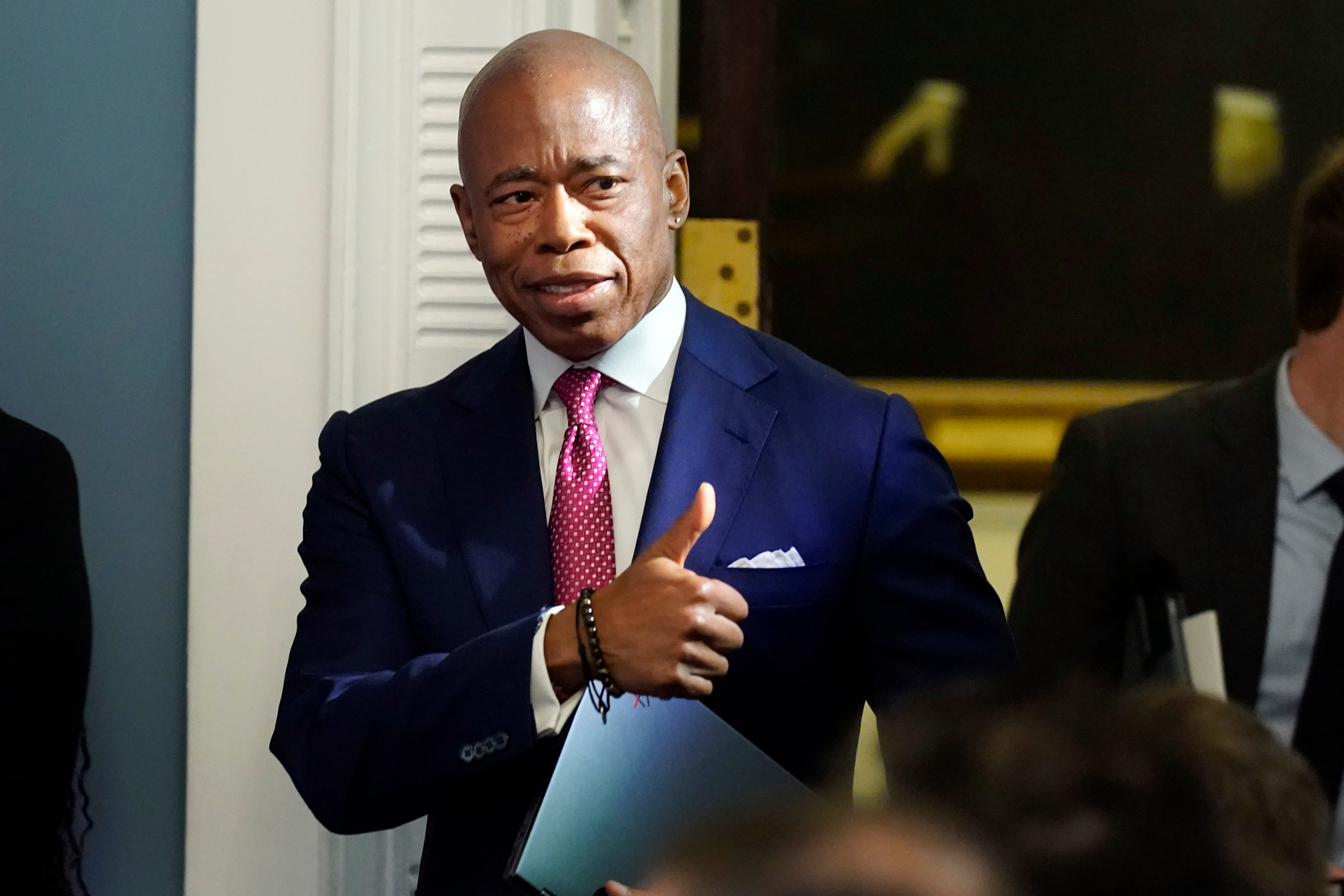 New York Mayor Eric Adams arrives at a news conference at New York’s City Hall on 14 November