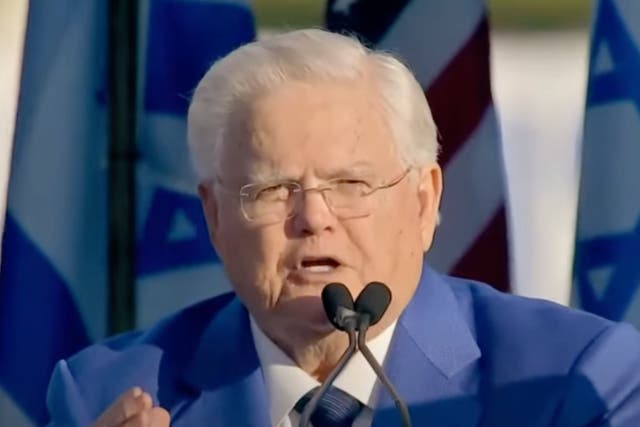 <p>Controversial televangelist John Hagee addresses the March for Israel in Washington DC on 14 November.</p>