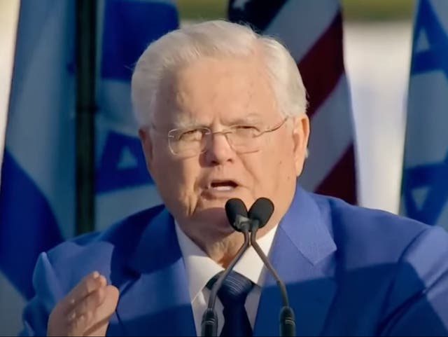 <p>Controversial televangelist John Hagee addresses the March for Israel in Washington DC on 14 November.</p>