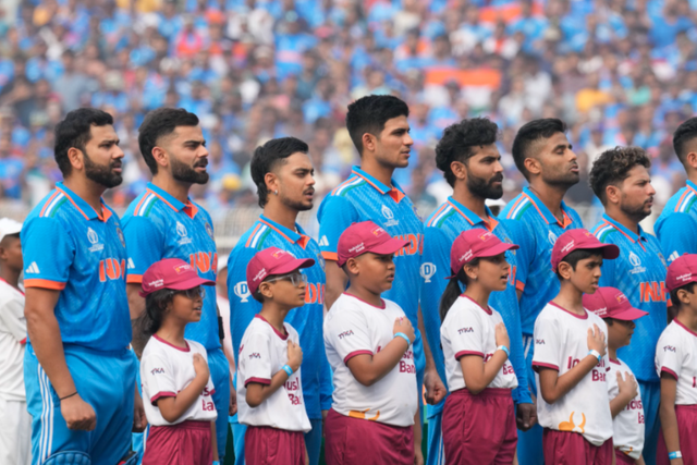 <p>
Indian team sings their country’s national anthem during the ICC Men’s Cricket World Cup match</p>
