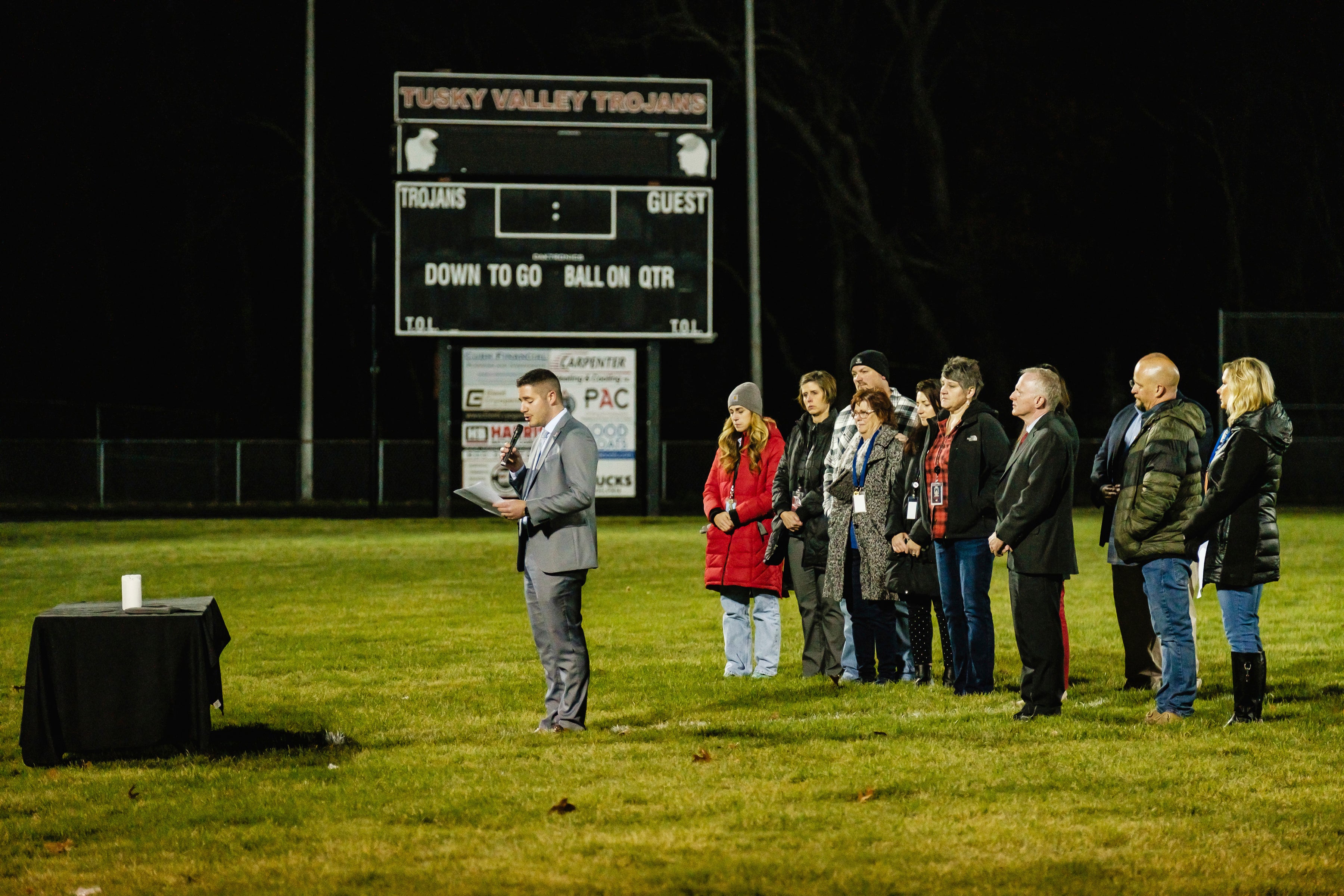Derek Varansky, superintendent of Tuscarawas Valley School, speaks during a community prayer vigil, Tuesday, Nov. 14, 2023, at the football stadium in Zoarville, Ohio.