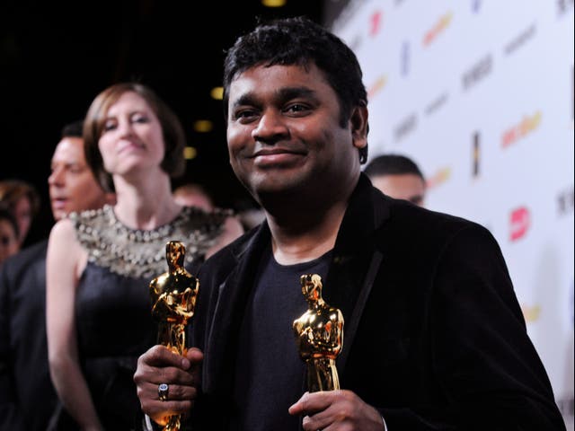 <p>File: Indian composer AR Rahman holds his two Oscars for Best Song and Best Original Score for “Slumdog Millionaire”</p>