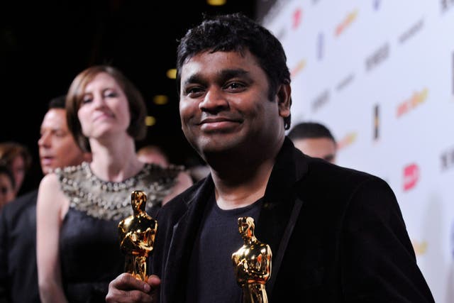 <p>File: Indian composer AR Rahman holds his two Oscars for Best Song and Best Original Score for “Slumdog Millionaire”</p>