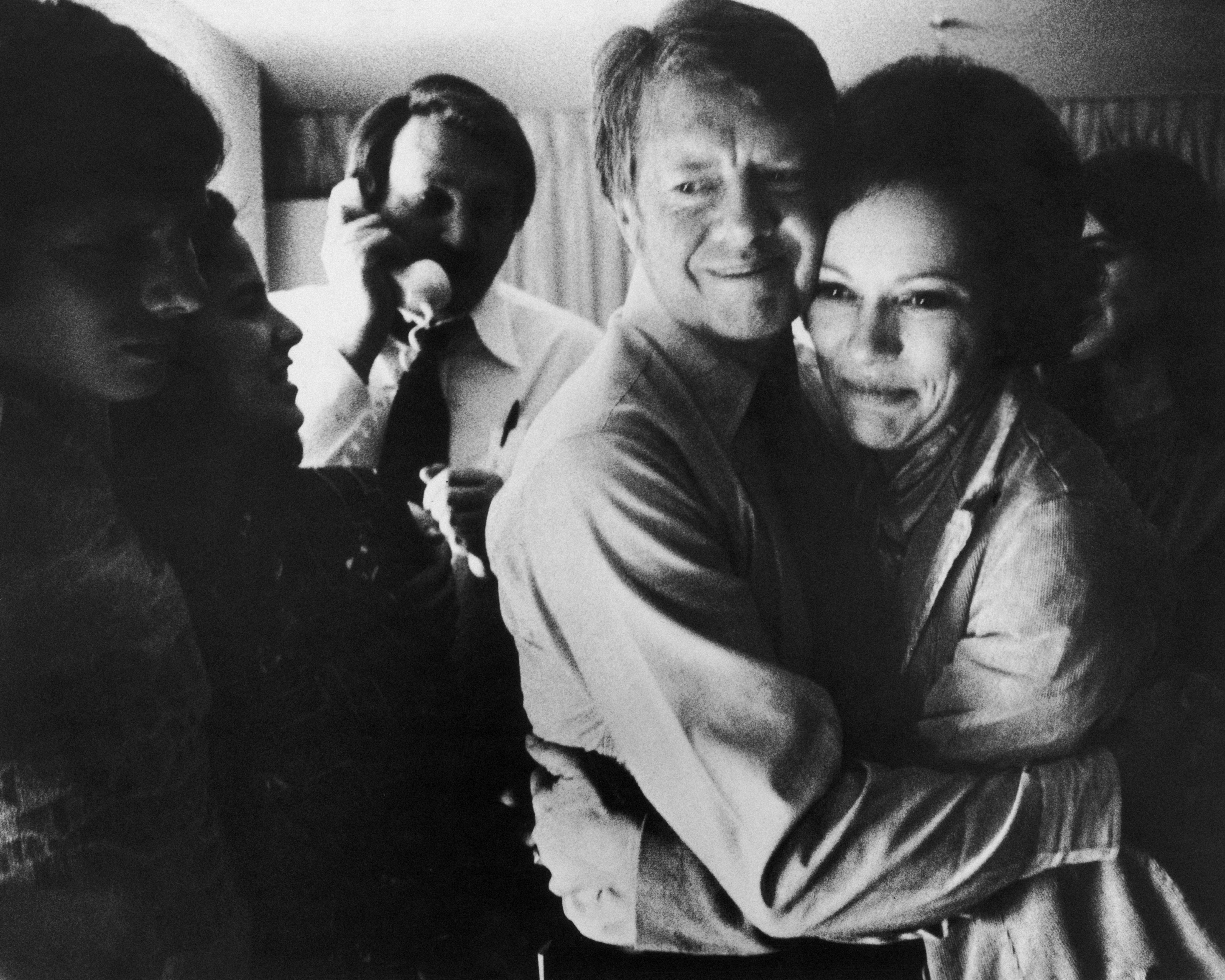 Carter embraces his wife Rosalynn after receiving the final news of his victory in the national general election on 2 November 1976