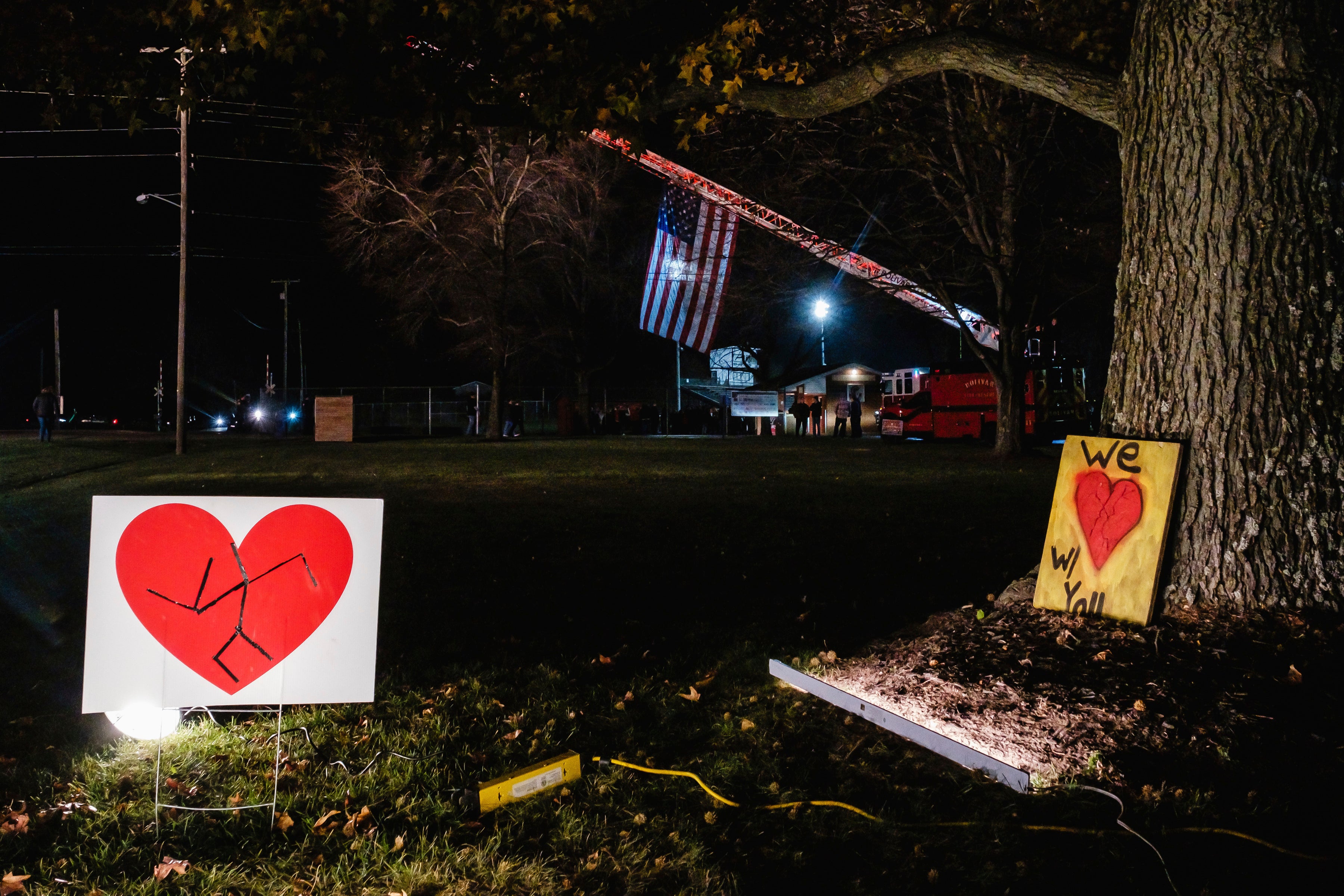 Signs in support of the Tusky Valley Schools community can be seen in front of the elementary school shortly before a community prayer vigil, Tuesday, Nov. 14, 2023, at the Tuscarawas Valley Schools football stadium in Zoarville, Ohio.