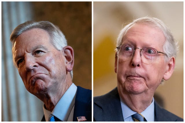 <p>Mitch McConnell (right) voted against a resolution that would circumvent Tommy Tuberville’s (left) military blockade hold</p>