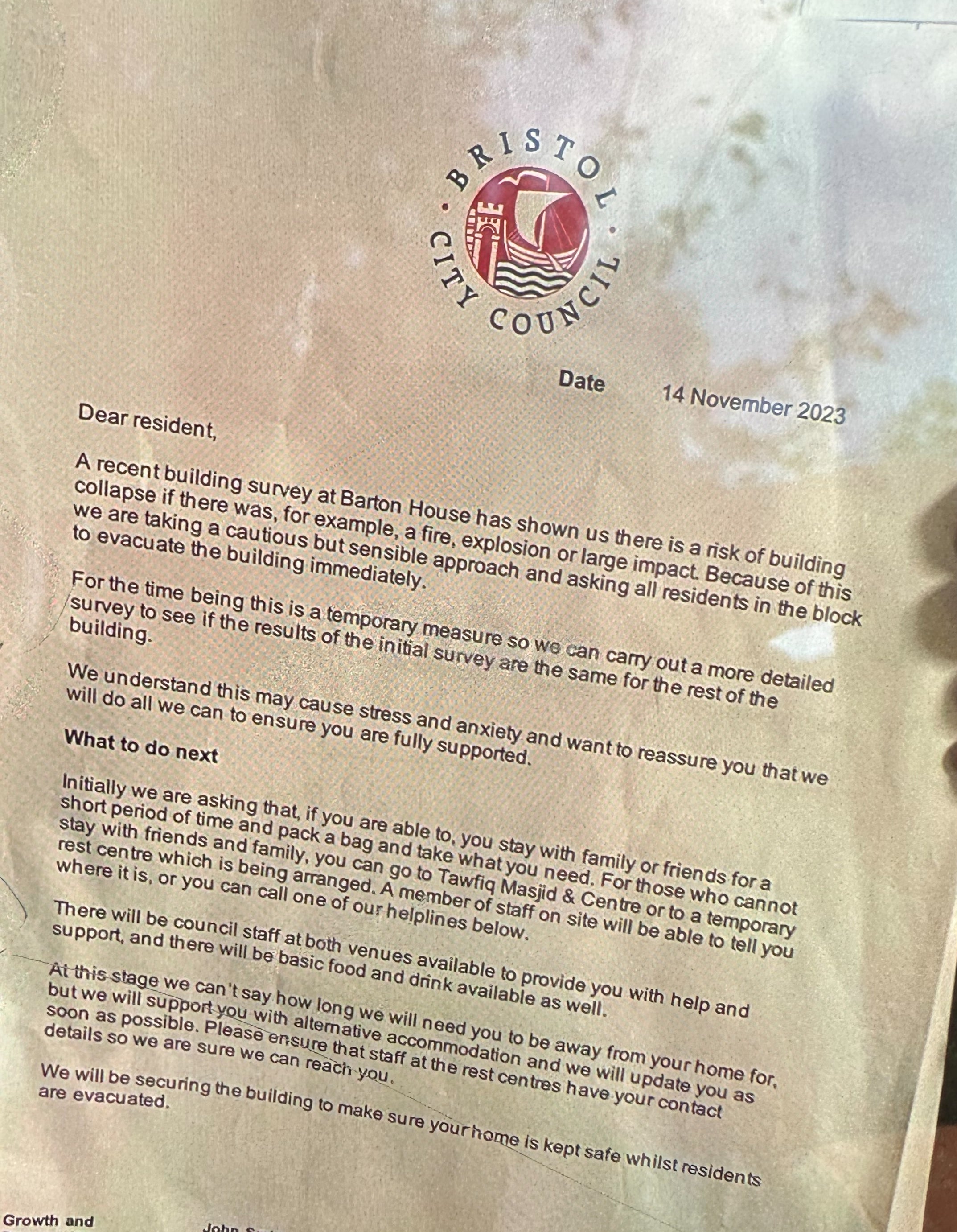 The letter sent to residents in Barton House, asking them to leave