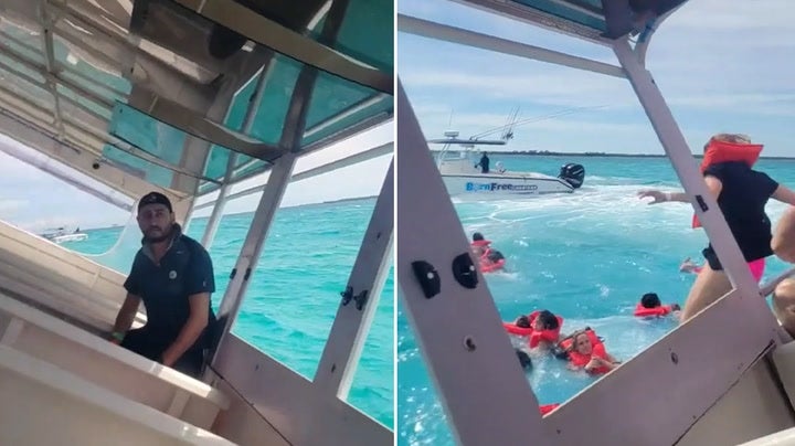 <p>Video shows Bahamas boat sinking and people jumping to safety as woman relives ordeal.</p>