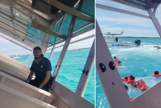 <p>Video shows Bahamas boat sinking and people jumping to safety as woman relives ordeal.</p>