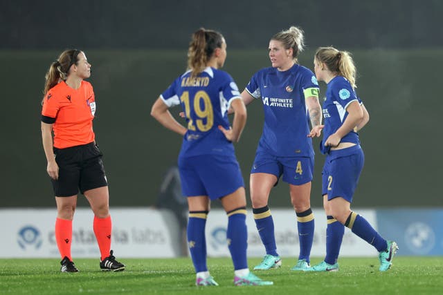 Chelsea captain Millie Bright appeals to referee Frida Klarlund (Isabel Infantes/PA)