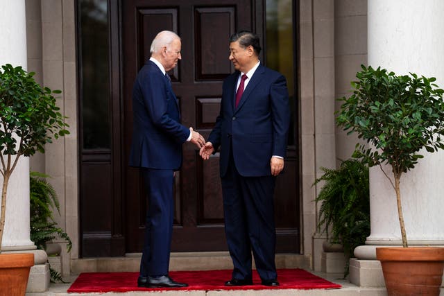 <p>President Joe Biden greets China's President President Xi Jinping at the Filoli Estate in Woodside, Calif., Wednesday, Nov, 15, 2023, on the sidelines of the Asia-Pacific Economic Cooperative conference</p>