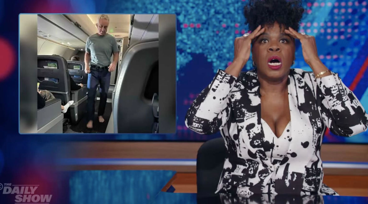 The Daily Show guest host Leslie Jones ‘lost her s***’ as she reacted to a viral video of Robert F Kennedy Jr walking barefoot on a plane