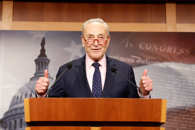 <p>U.S. Senate Majority Leader Chuck Schumer (D-NY) gives remarks at a press conference in the U.S. Capitol Building after the passage of a continuing resolution to fund the U.S. government through early 2024 on November 15, 2023</p>