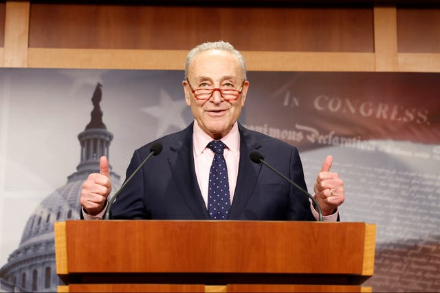 <p>U.S. Senate Majority Leader Chuck Schumer (D-NY) gives remarks at a press conference in the U.S. Capitol Building after the passage of a continuing resolution to fund the U.S. government through early 2024 on November 15, 2023</p>