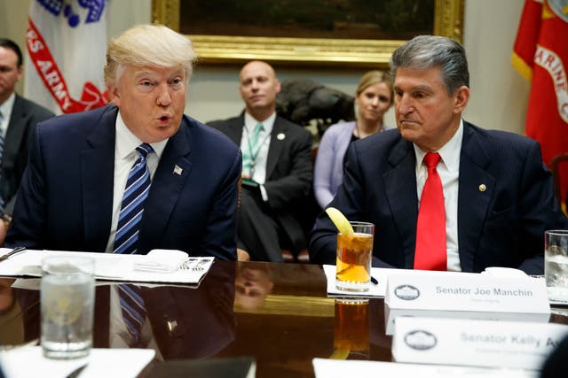 <p>Sen Joe Manchin listens as then-President Donald Trump speaks during a meeting with senators on his Supreme Court Justice nominee Neil Gorsuch in 2017</p>