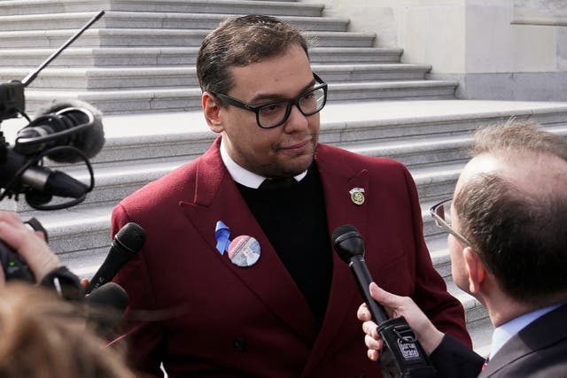 <p>U.S. Rep. George Santos (R-NY) speaks to reporters as he leaves the Capitol after a series of votes, in Washington, U.S., November 15, 2023</p>