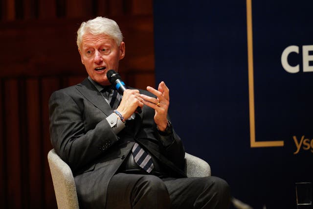<p>Former US president Bill Clinton during an in-conversation with Hilary Clinton, the First Minister of Wales, Mark Drakeford, and the Vice-Chancellor of Swansea University</p>