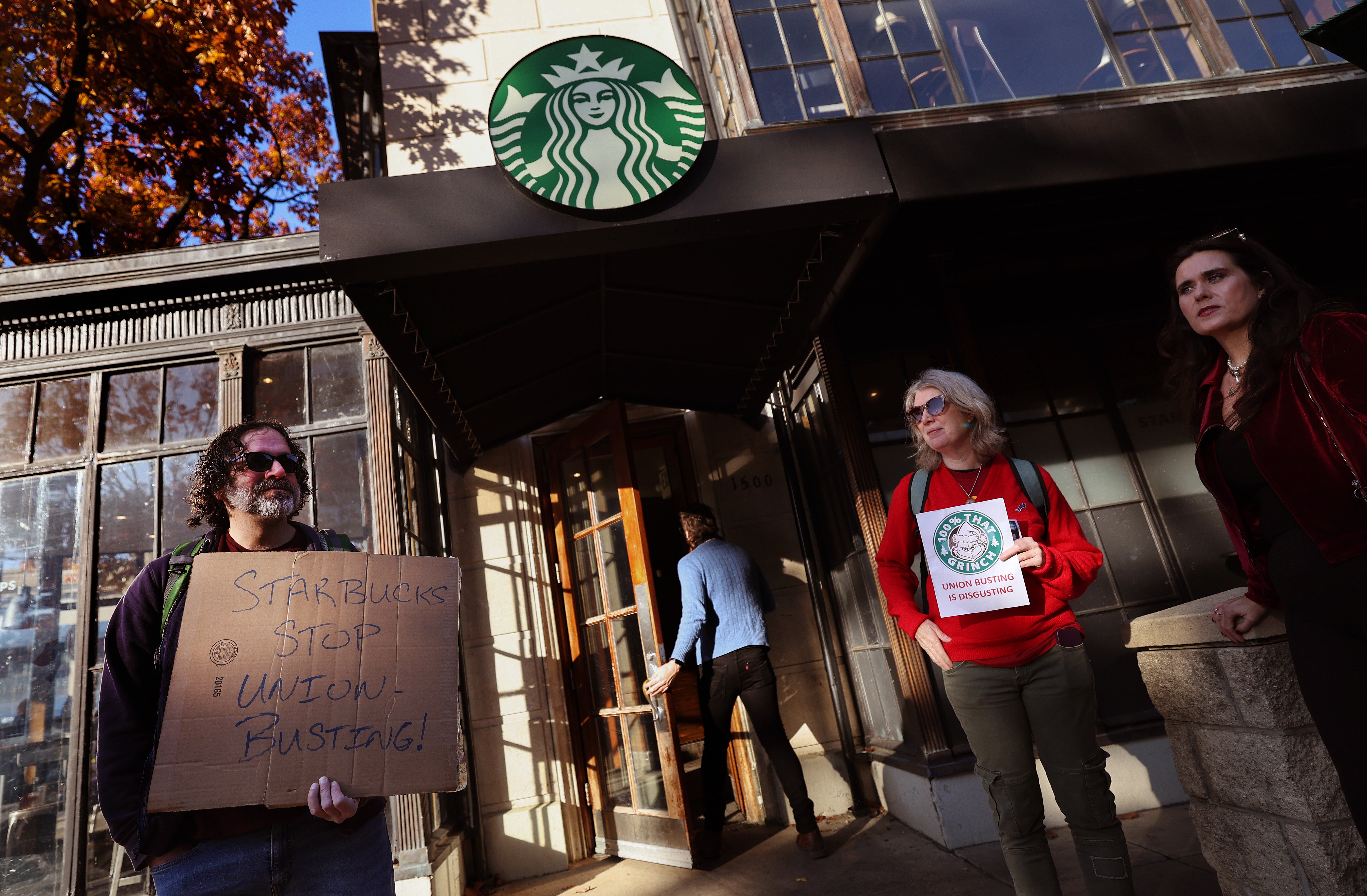 Members and supporters of Starbucks Workers United protest outside of a Starbucks store in Dupont Circle on November 16, 2023 in Washington, DC