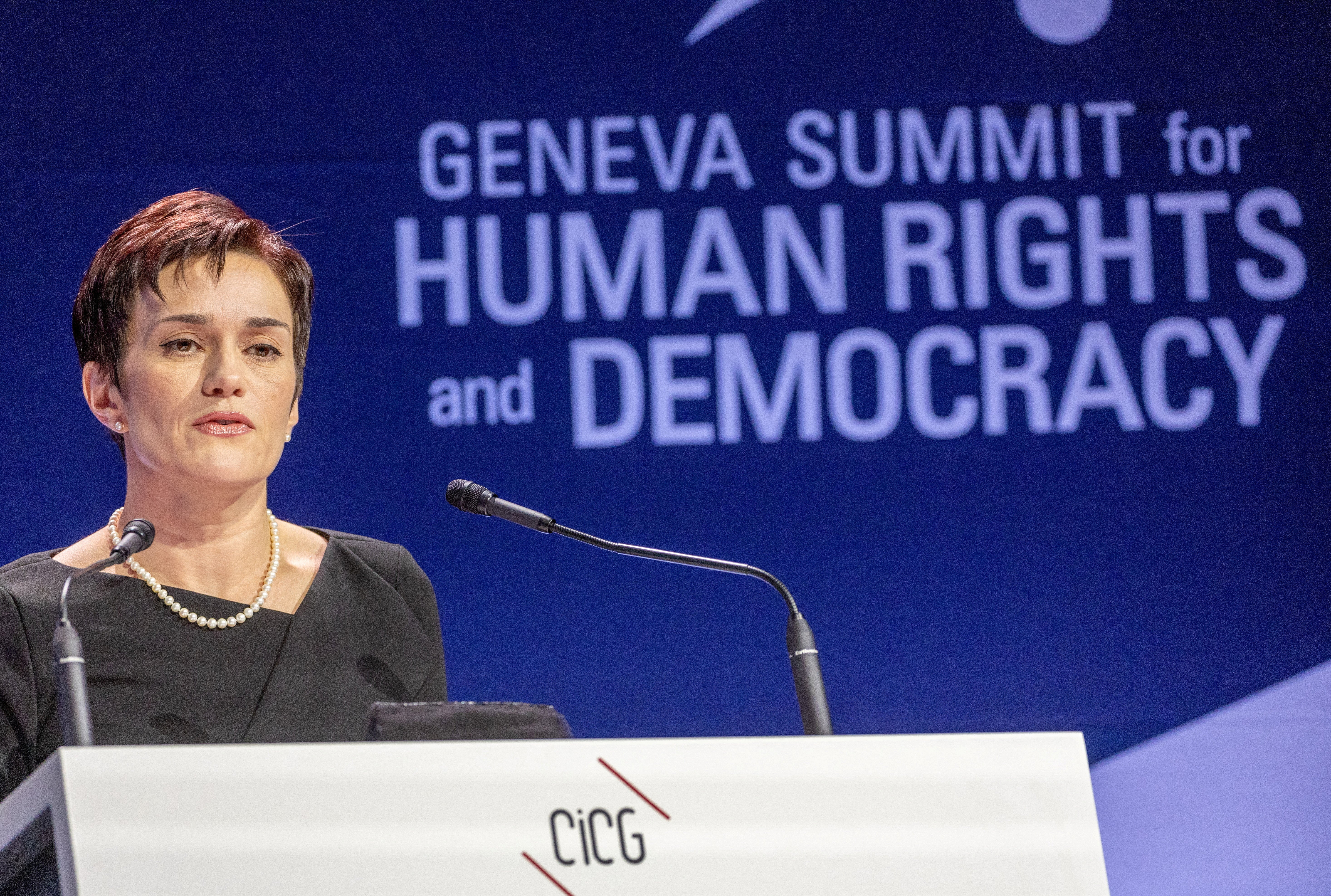 Evgenia Kara-Murza, wife of jailed Russian opposition figure Vladimir Kara-Murza, addresses the Geneva Summit for Human Rights and Democracy in May