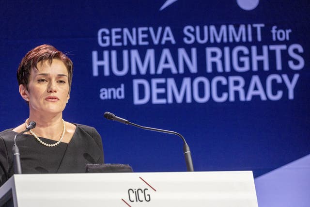 <p>Evgenia Kara-Murza, wife of jailed Russian opposition figure Vladimir Kara-Murza, addresses the Geneva Summit for Human Rights and Democracy in May </p>