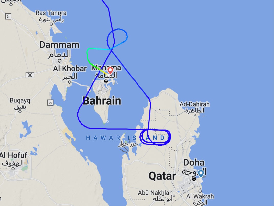 Going places? Flightpath of British Airways BA2033 from London Gatwick to Doha, which diverted to Bahrain after a storm prevented it from landing at the Qatar hub
