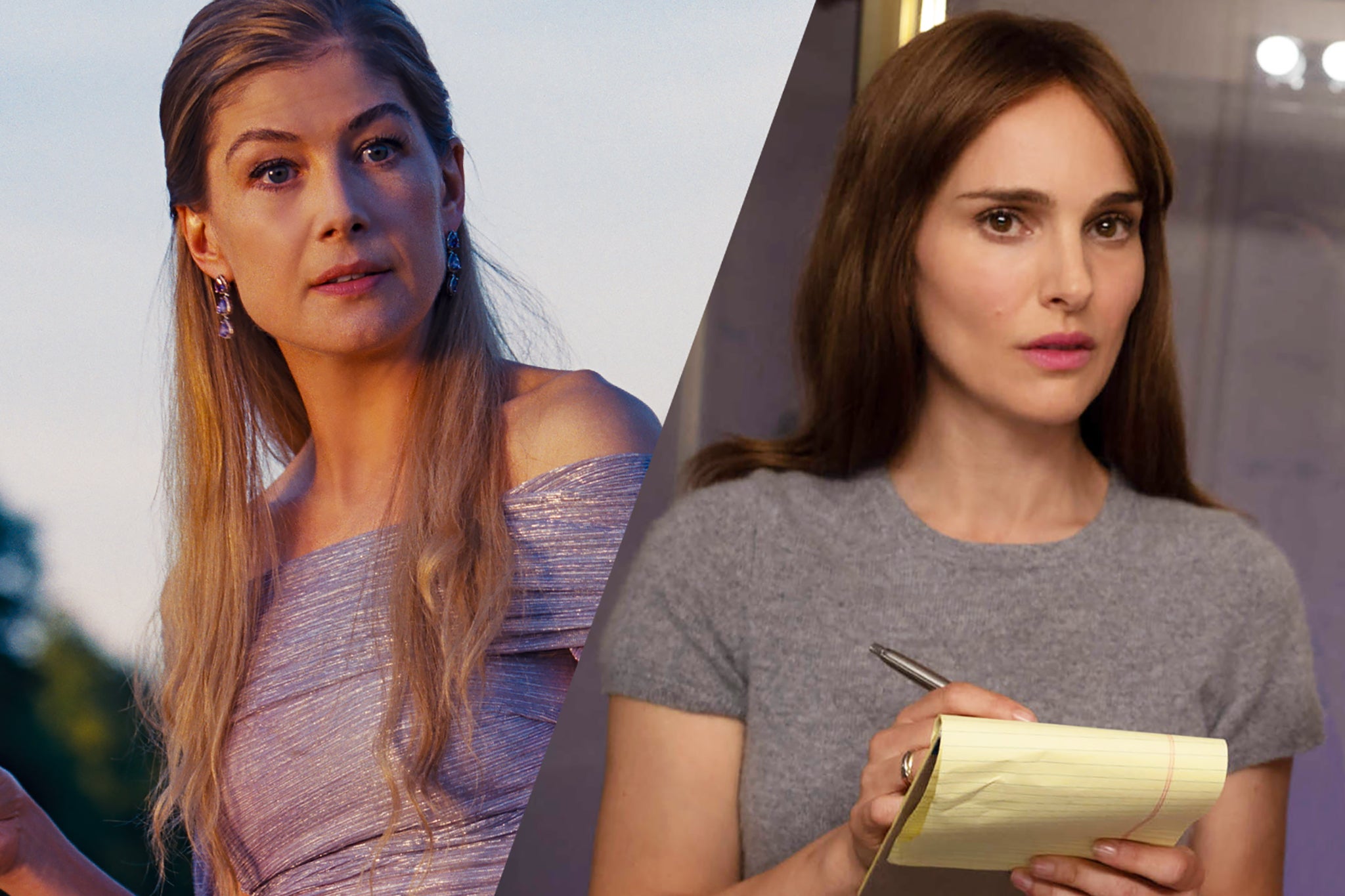 Taking notes: Rosamund Pike in Emerald Fennell’s ‘Saltburn’, and Natalie Portman in Todd Haynes’s ‘May December’