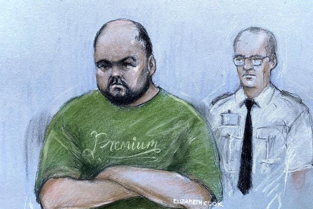 Court artist sketch of Gavin Plumb (left) appearing at Chelmsford Magistrates’ Court at an earlier hearing (Elizabeth Cook/PA)